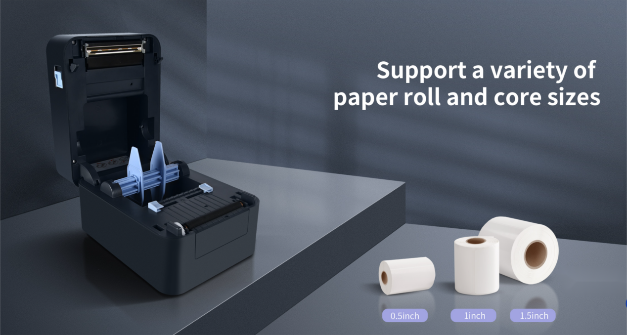 La impresora de etiquetas insignia SP320 admite rollos de papel de varios tamaños. PNG